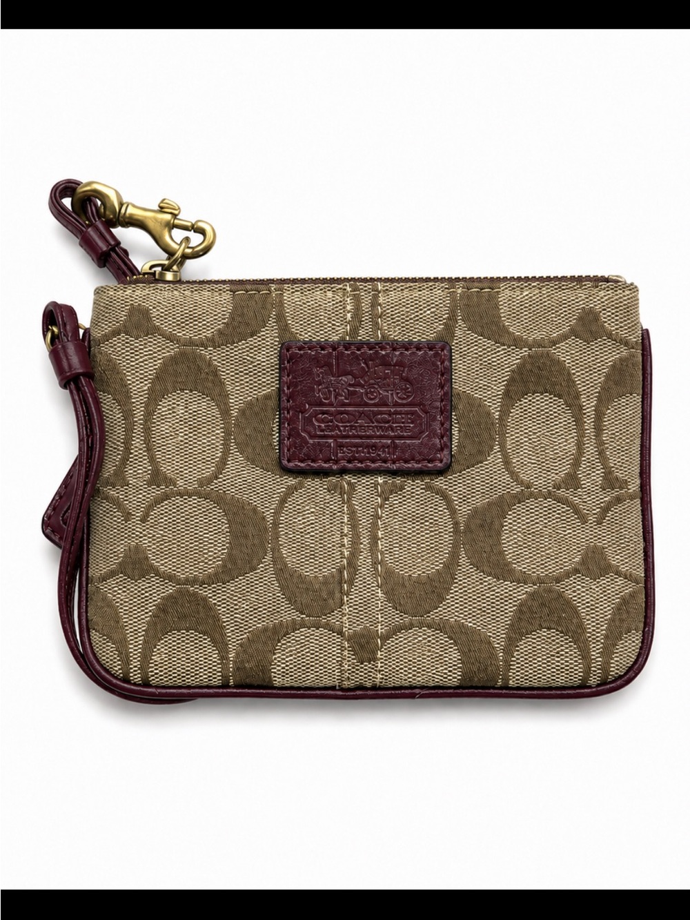 Coach Leatherware Wristlet w/ Burgandy Leather Accents & Tattersall Liner